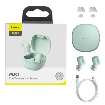 Мобильная Bluetooth-гарнитура TWS Baseus Encok WM01 BT5.0/60mAh (300mAh)/6ч (NGWM01-06) зеленая