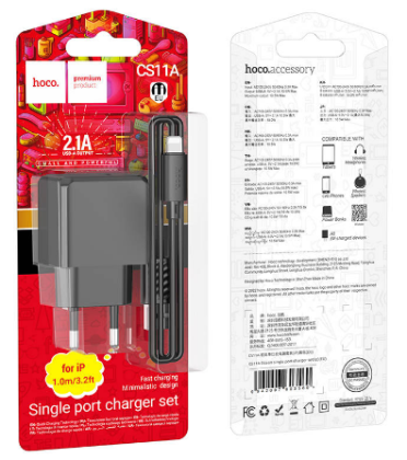 Сетевое зар. устр. Hoco CS11A с шнуром Lightning 1USB 2.1A черное