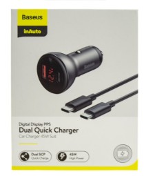 Автомобильное заряд. устр. Baseus Digital Display 1USB+1C кабель Type-C 45W (TZCCBX-C0G) серое