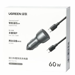 Автомобильное заряд. устр. Ugreen CD213 с шнуром Type-C на Type-C 1USB/1C 60W серое