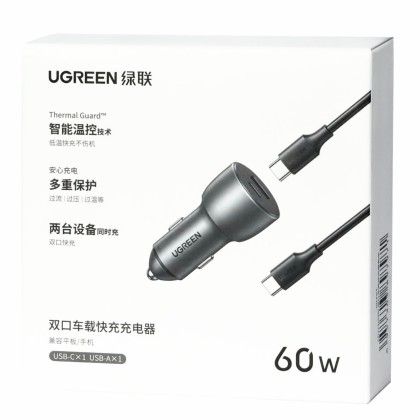 Автомобильное заряд. устр. Ugreen CD213 с шнуром Type-C на Type-C 1USB/1C 60W серое