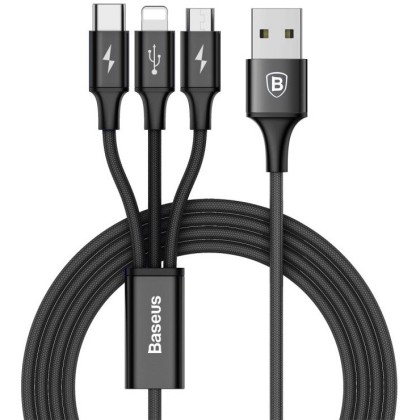 Usb Кабель-зарядка Micro+Lightning+Type-C Baseus Rapid 3A 1.2м (CAMLT-SU01) черный