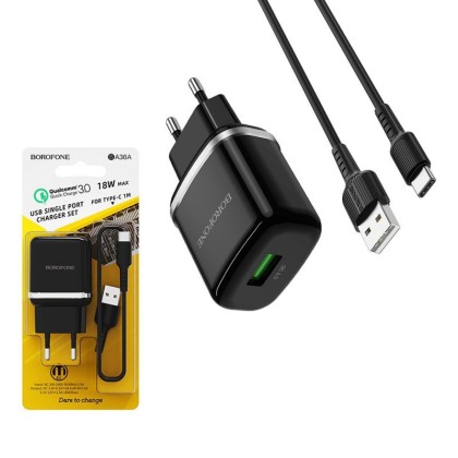 Сетевое зар. устр. Borofone BA36A с шнуром Type-C 1USB 3,0A черное