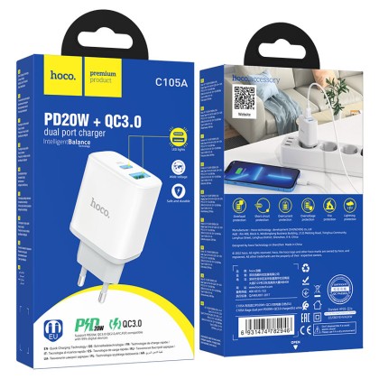 Сетевое зар. устр. Hoco C105A 1USB/1С PD/QC3.0 3A 20W белое