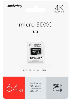 micro SDXC карта памяти Smartbuy 64GB Class 10 PRO U3 R/W:95/60 MB/s (с адаптером SD)