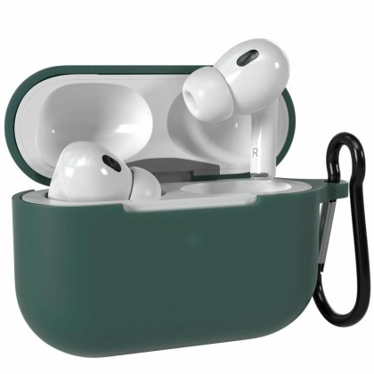 Силиконовый чехол для AirPods Pro 2 c карабином темно-зеленый