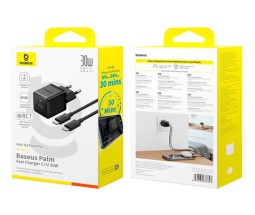 Сетевое зар. устр. Baseus Palm Charger 1USB/1C 30W кабель Type-C на Type-C P1011160A113-01 черное
