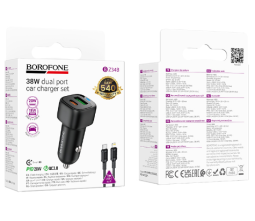 Автомобильное заряд. устр. Borofone BZ34B 1USB/1C с кабелем Type-C на Lightning 18W/20W черное