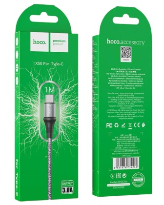 Usb Кабель-зарядка Type-C Hoco X50 Excellent 3A 1м в тканевой оплётке серый