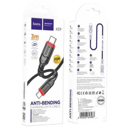 Usb Кабель-зарядка Type-C на Type-C Hoco X59 3A 60W 3м в тканевой оплетке черный