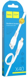 Usb Кабель-зарядка Lightning Hoco X40 Noah 2.4A 1м плоский силиконовый белый