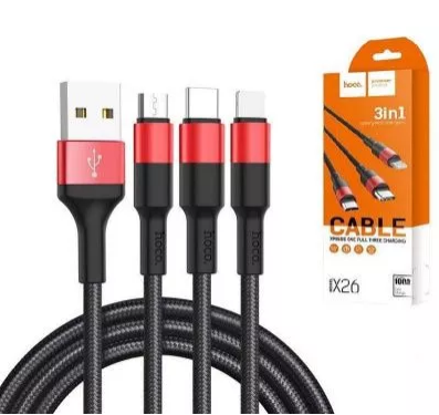 Usb Кабель-зарядка Hoco X26 3в1 Micro/Lightning/Type-C 1м черный