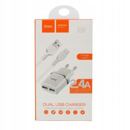 Сетевое зар. устр. Hoco C12 с шнуром Type-C 2USB, 2.4A белое