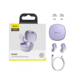 Мобильная Bluetooth-гарнитура TWS Baseus Encok WM01 BT5.0/60mAh (300mAh)/6ч (NGWM01-05) сиреневая