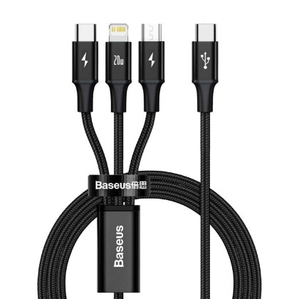 TYPE-C Кабель-зарядка Baseus Rapid Series 3-in-1 Type-C to C+L+C PD 20W 1.5m CAMLT-SC01 чёрный