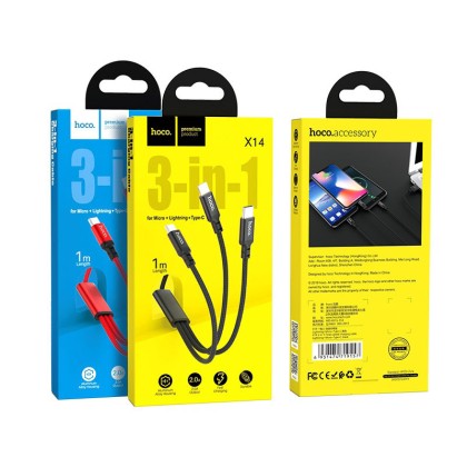 Usb Кабель-зарядка Hoco X14 Times speed 3in1 Lightning/Micro/Type-C 2.4A 1м в тканевой оплетке красн