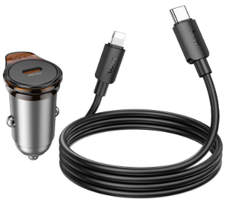 Автомобильное заряд. устр. Hoco NZ16 с шнуром Type-C на Lightning 1C 30W серое