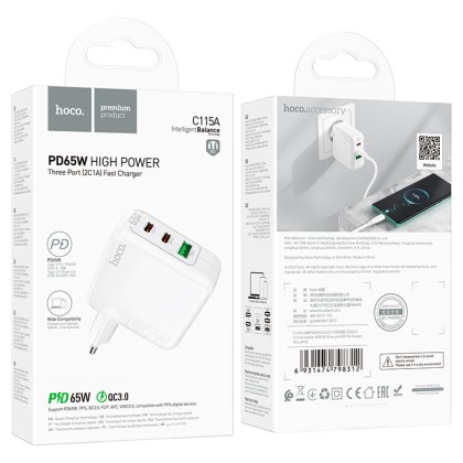Сетевое зар. устр. Hoco C115A 1USB/2C 65W белое