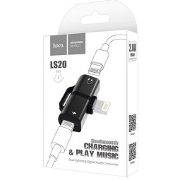 Переходник Hoco LS20 Lightning (папа) на 2 Lightning (мама) аудио/зарядка черный