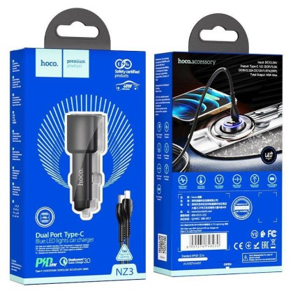 Автомобильное заряд. устр. Hoco NZ3 с шнуром Type-C на Lightning 2USB-C 3А 20W черное