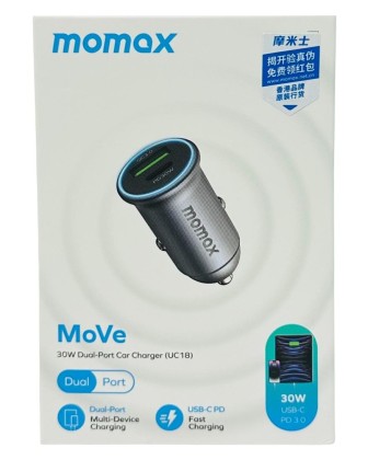 Автомобильное заряд. устр. Momax 37W 1USB+1 Type-c серый
