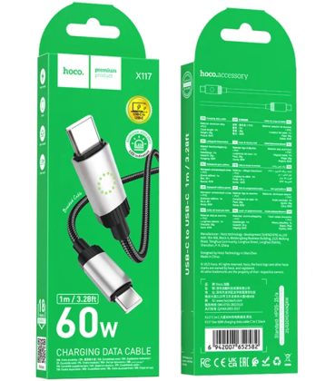 Usb Кабель-зарядка Type-C на Type-C Hoco X117 60W 1м силиконовый черный