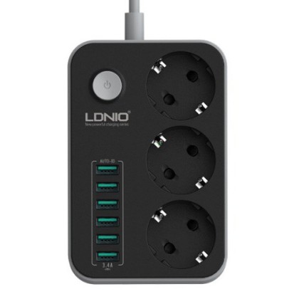 Сетевой фильтр LDNIO SE3631 1.6м/3 розетки/6 USB черно-серый