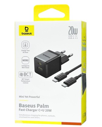 Сетевое зар. устр. Baseus Palm Fast Charger 1USB/1C 20W кабель T-C на T-C (P10111608113-01) черное