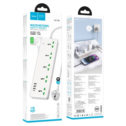 Сетевой фильтр Hoco AC13A 5розеток/3USB/1C 1,5м белый