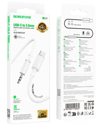 Аудиокабель AUX 3.5мм - Type-C Borofone BL21 1м силиконовый белый